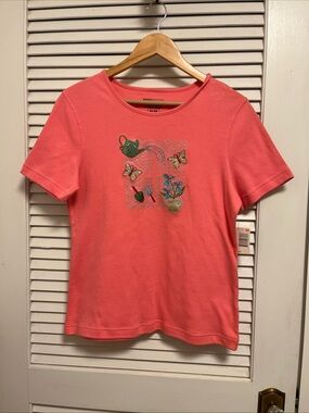 Basic Editions Coral Garden Embroidered Watering Can Tee, Grandma core